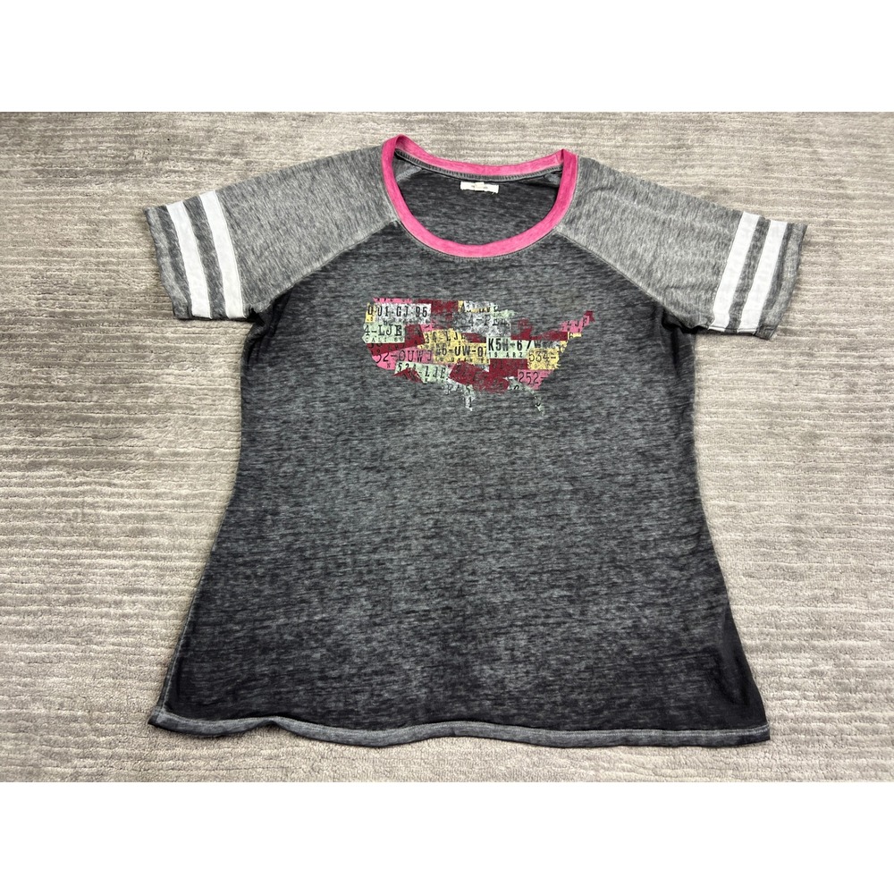 Maurices Graphic T-Shirt Women 0 Gray USA Map License Plate Baseball Tee Striped